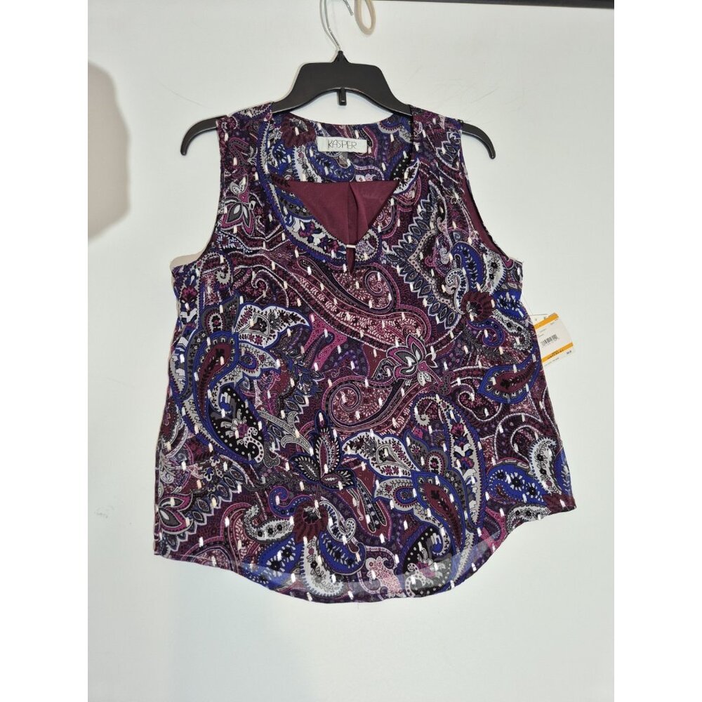 KASPER Women's Top Size S Sleeveless VNeck Paisley Print Tunic Eggplant Multi 24